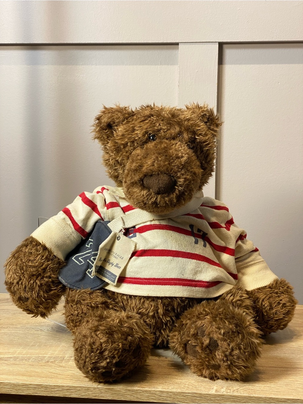 American Eagle Outfitters Brown Teddy Bear in Red & White Striped Rugby Polo